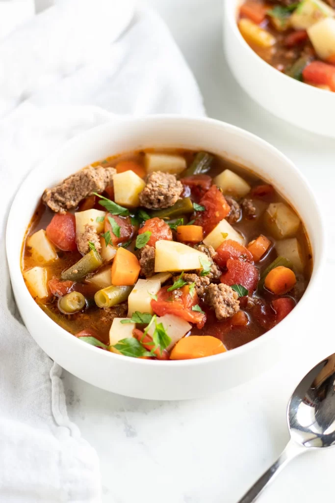 a bowl of Low FODMAP hamburger vegetable soup