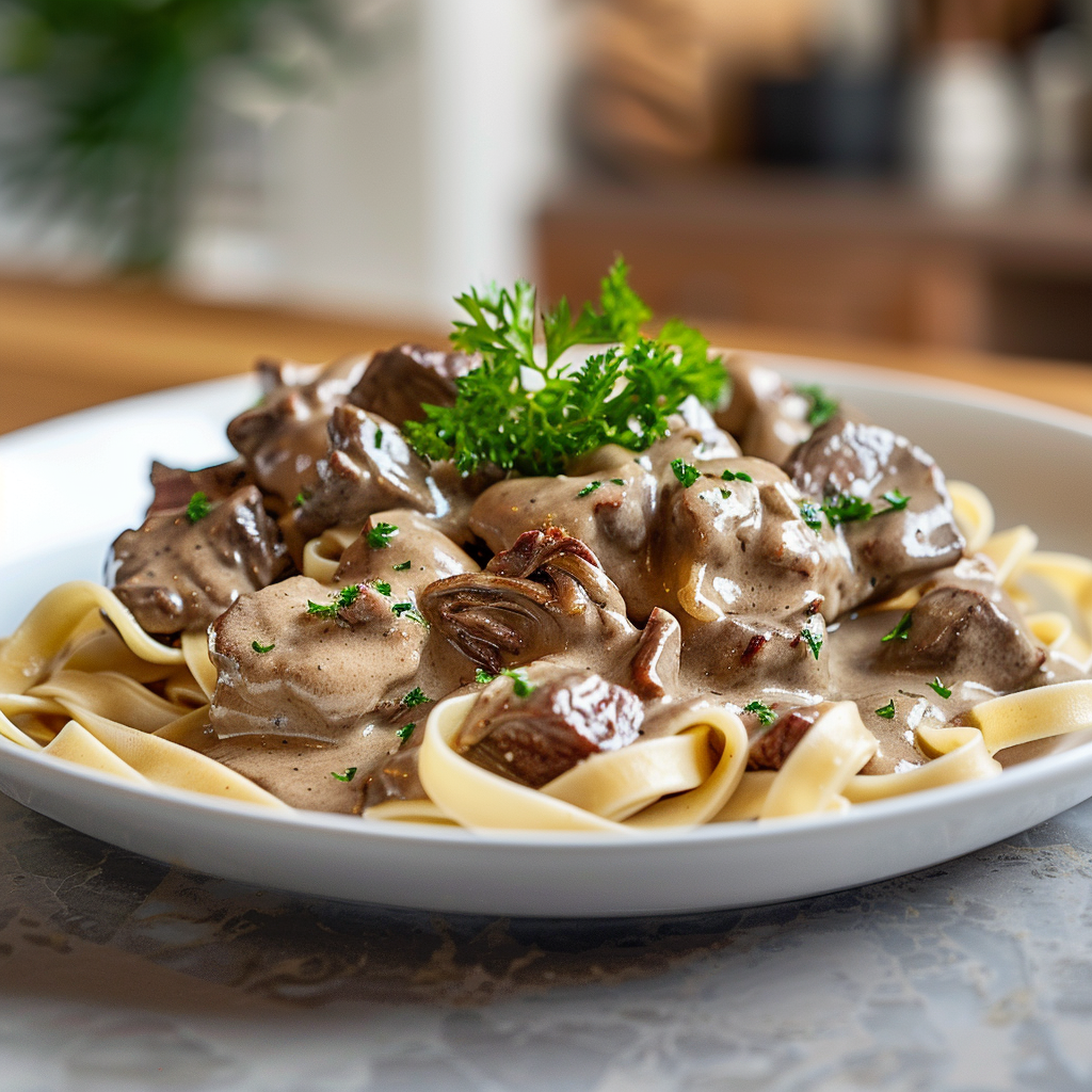 a bowl of Low FODMAP beef stroganoff