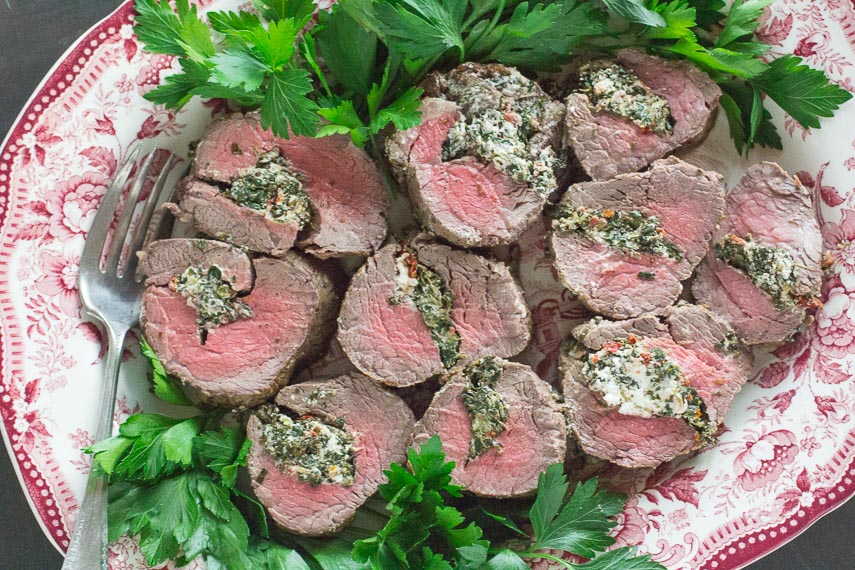 a platter of Low FODMAP stuffed beef tenderloin