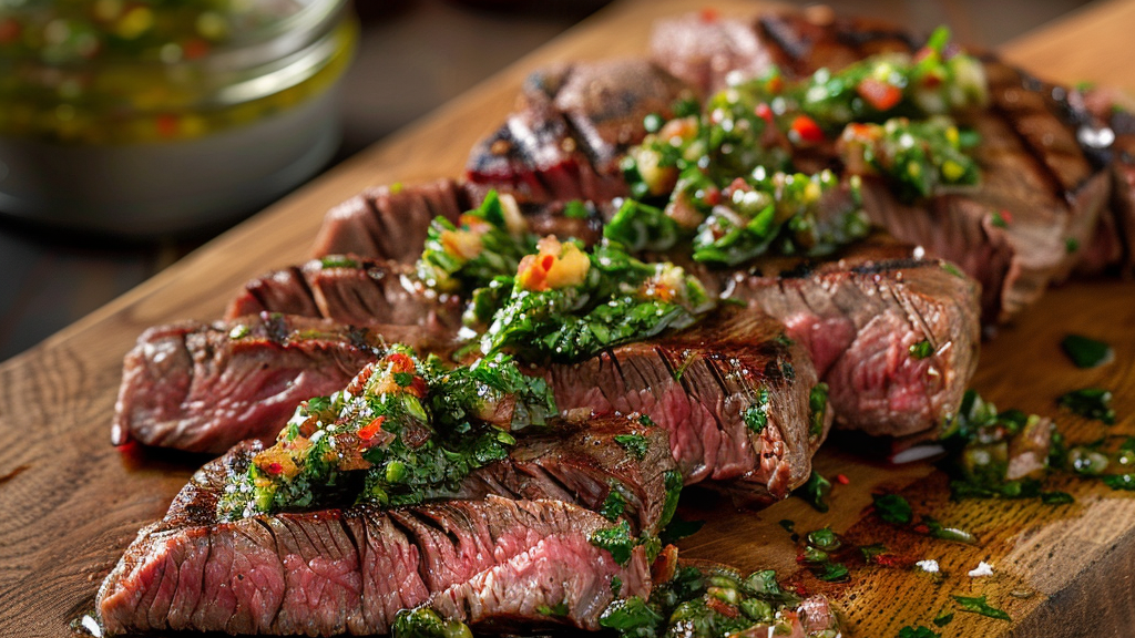 a platter of Low FODMAP beef steak with chimichurri sauce