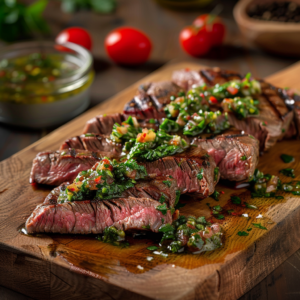 a platter of Low FODMAP beef steak with chimichurri sauce