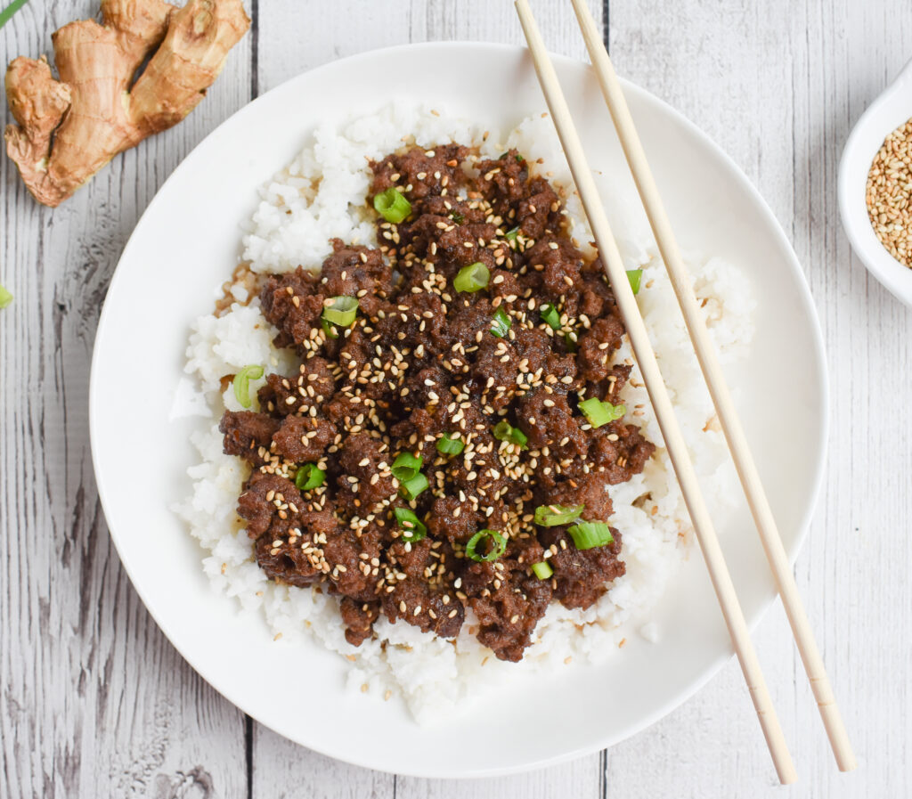 a bowl of Low FODMAP Korean beef over rice