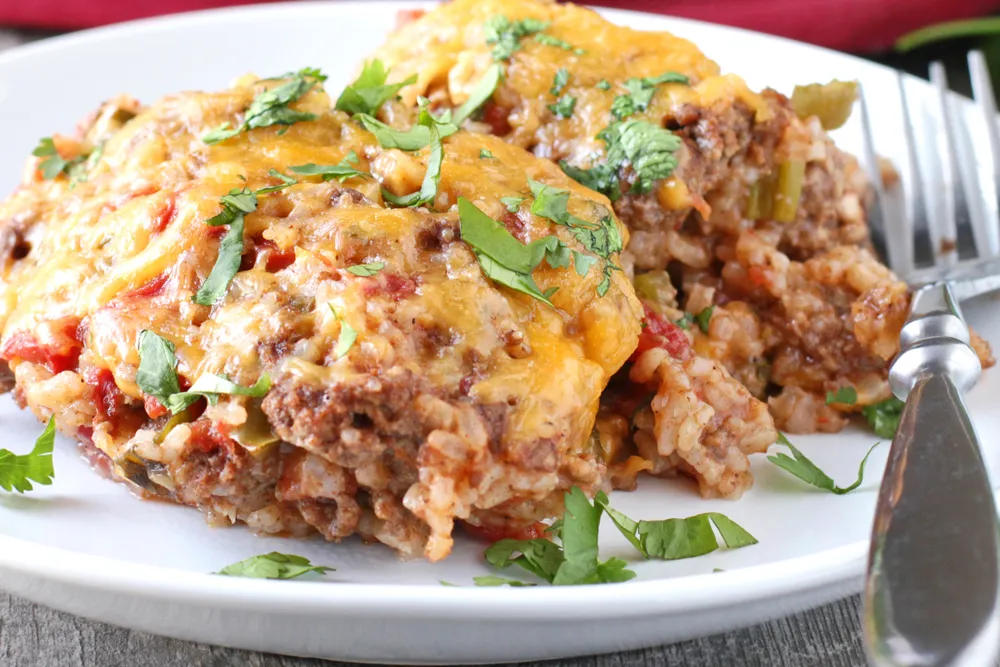 a bowl of Low FODMAP Spanish rice with beef and cheese