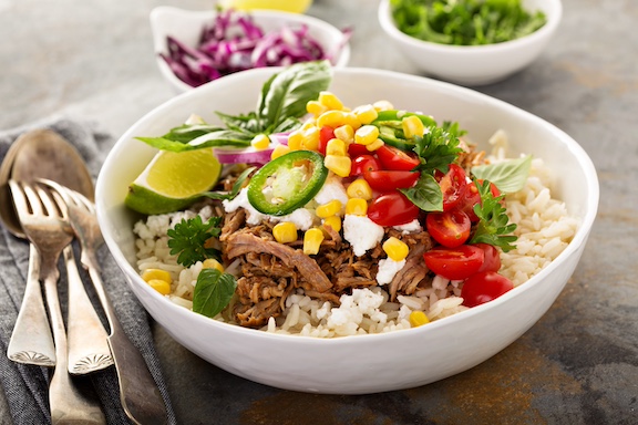 Low FODMAP pulled pork burrito bowl