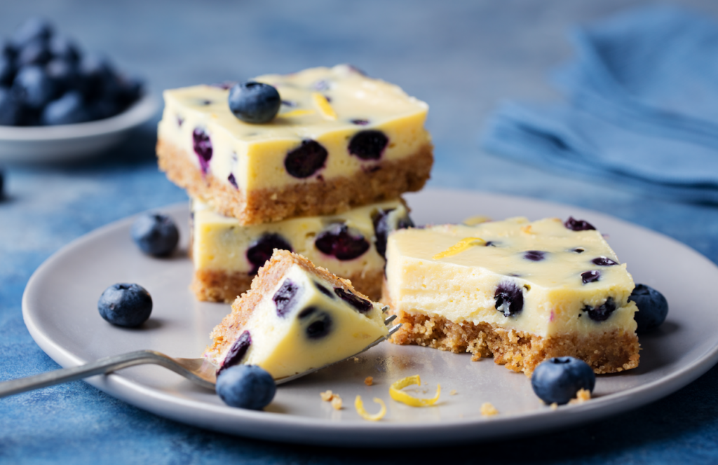 Low FODMAP lemon blueberry cheesecake